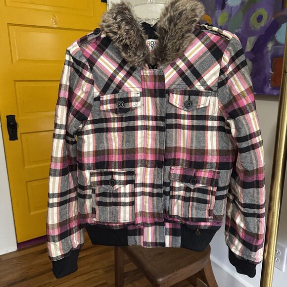 Roxy Women's Large  Faux Fur Hooded  Pink Plaid Jacket/Coat  Pockets - Picture 1 of 12